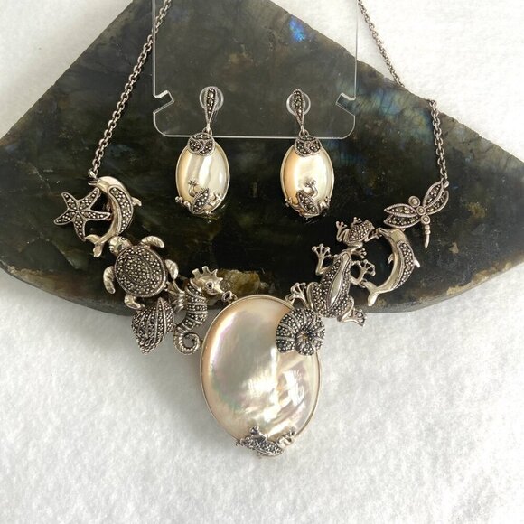 Sterling Silver 925 MOP Marcasite Sea Life Shell Panel Necklace & Earring Set - Picture 2 of 16